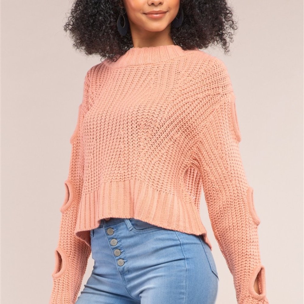 SALMON CUT-OUT DETAIL SLEEVE CROPPED SWEATER